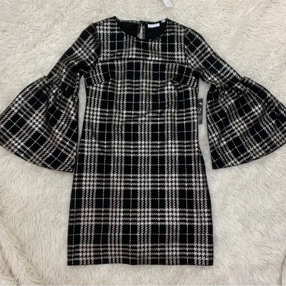 New York & Company Black and White Plaid Bell-Sleeve Sheath Dress